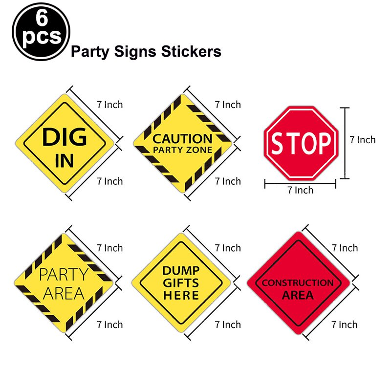 6 Stuks Bouw Thema Party Decoraties Gelamineerd Voorzichtigheid Verkeersborden Papier Uitsparingen Sticker Voor Jongens Verjaardagsfeestje