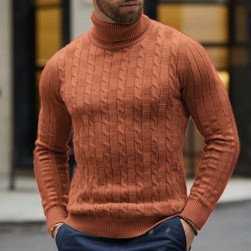 Herre vinter høst varm genser twist strikket high roll turtle neck genser casual herre strikke topper pluss størrelse 2x: Korallrød / L