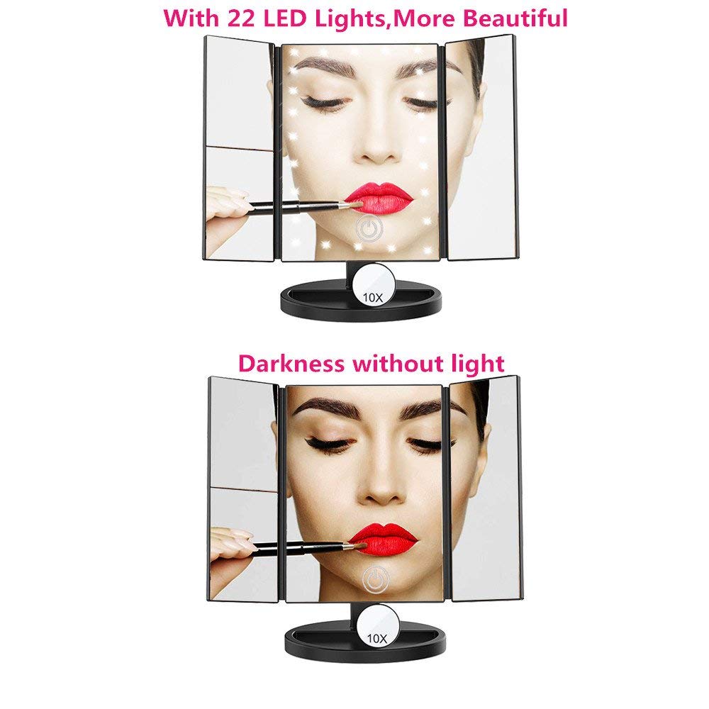 Vanity Makeup Mirror with 22 Led Lights Three Fold Mirror with Magnification and Touch Screen,180 Angle Adjustable Rotating