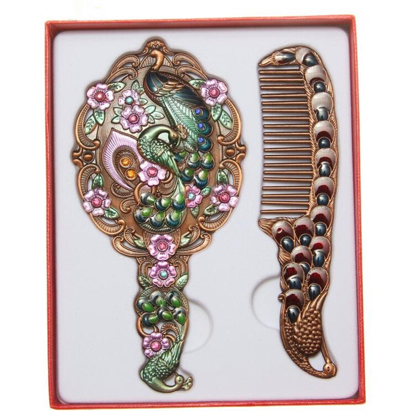 Aishangmei Exquisite Retro peacock makeup mirror maquillaje espejo Metal Portable mirror comb set Cosmetic mirrors