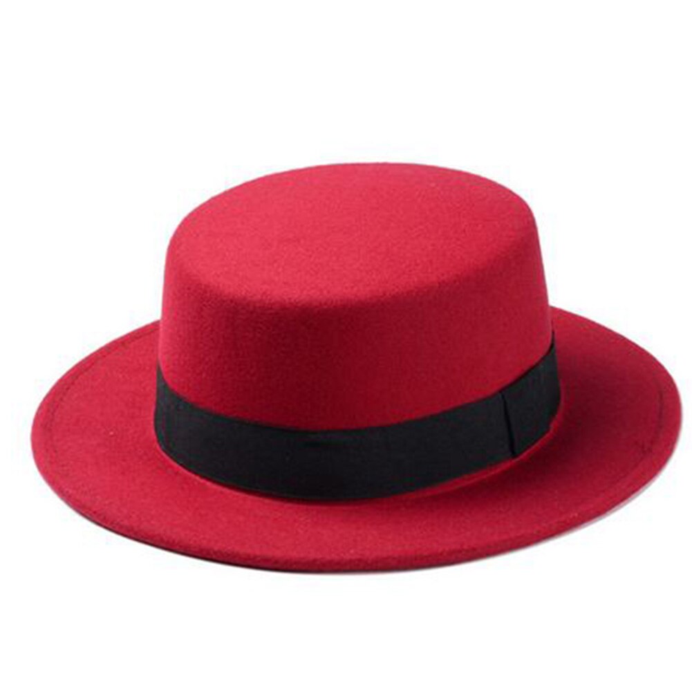 Wool Boater Flat Top Hat For Women Felt Wide Brim Fedora Hat