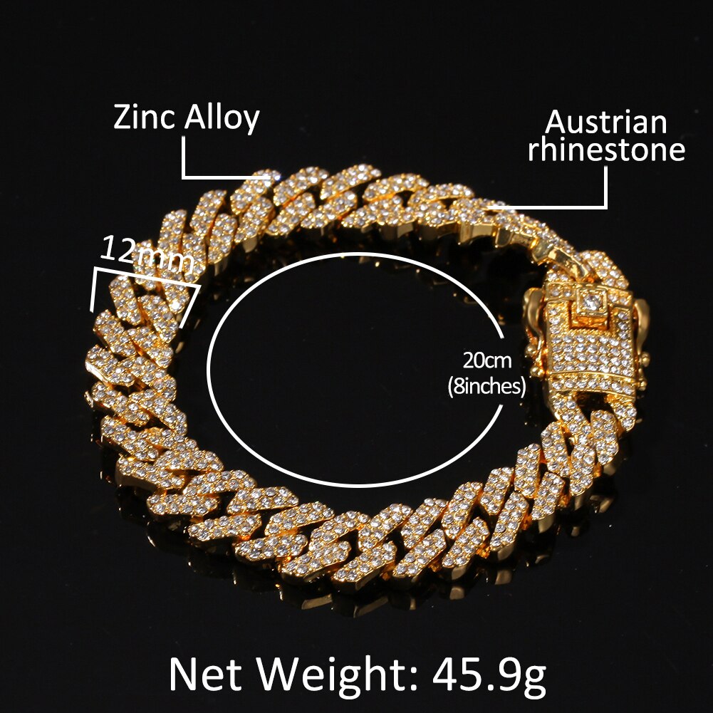 THE BLING KING 12mm Bling S-Link Miami Cuban Bracelets Gold Color Full Iced Rhinestones Hiphop Mens Bracelet Jewelry