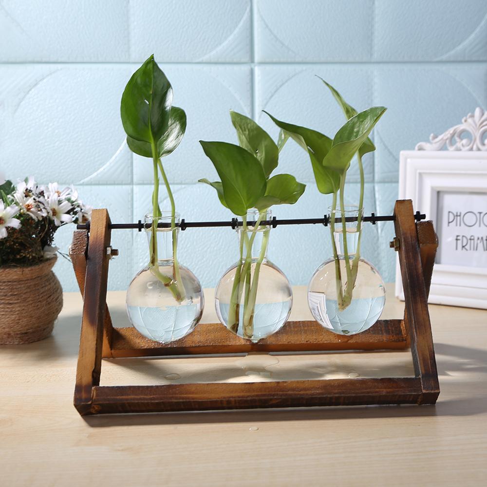 Glas og træ vase plante terrarium bord desktop hydroponics plante bonsai urtepotte hængende potter med træbakke boligindretning: Type 3