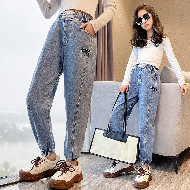 Pantalones vaqueros azules para niñas y adolescentes, Jeans de cintura elástica, pantalones pitillo para niñas, ropa para niños de 4 a 14T