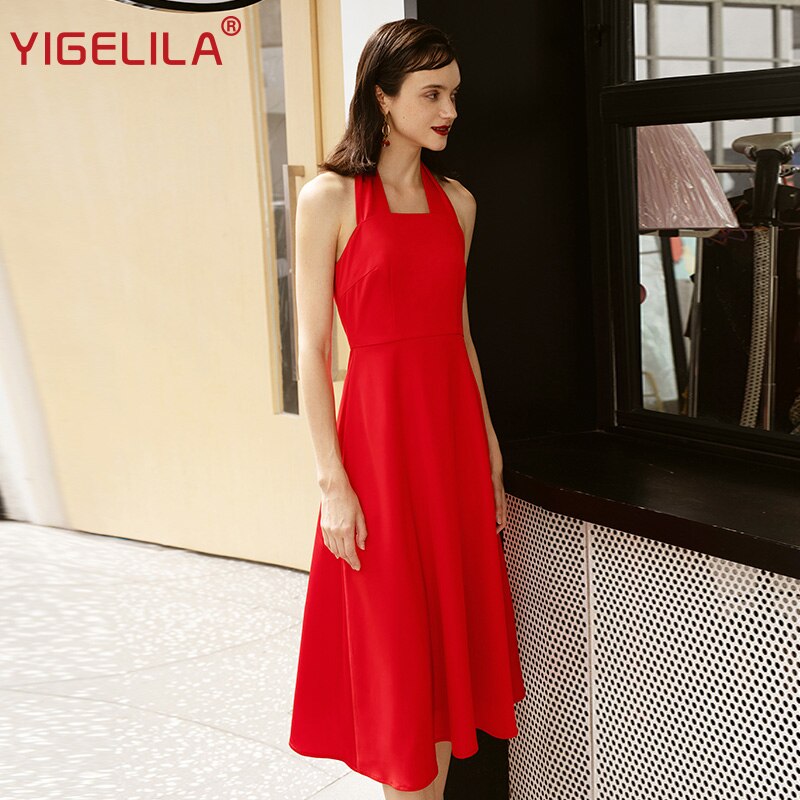 YIGELILA lo último para Primavera, femenina, cuello cuadrado de calle alta, manga Regular acampanada, vestido ajustado imperio a la altura de la rodilla 64345