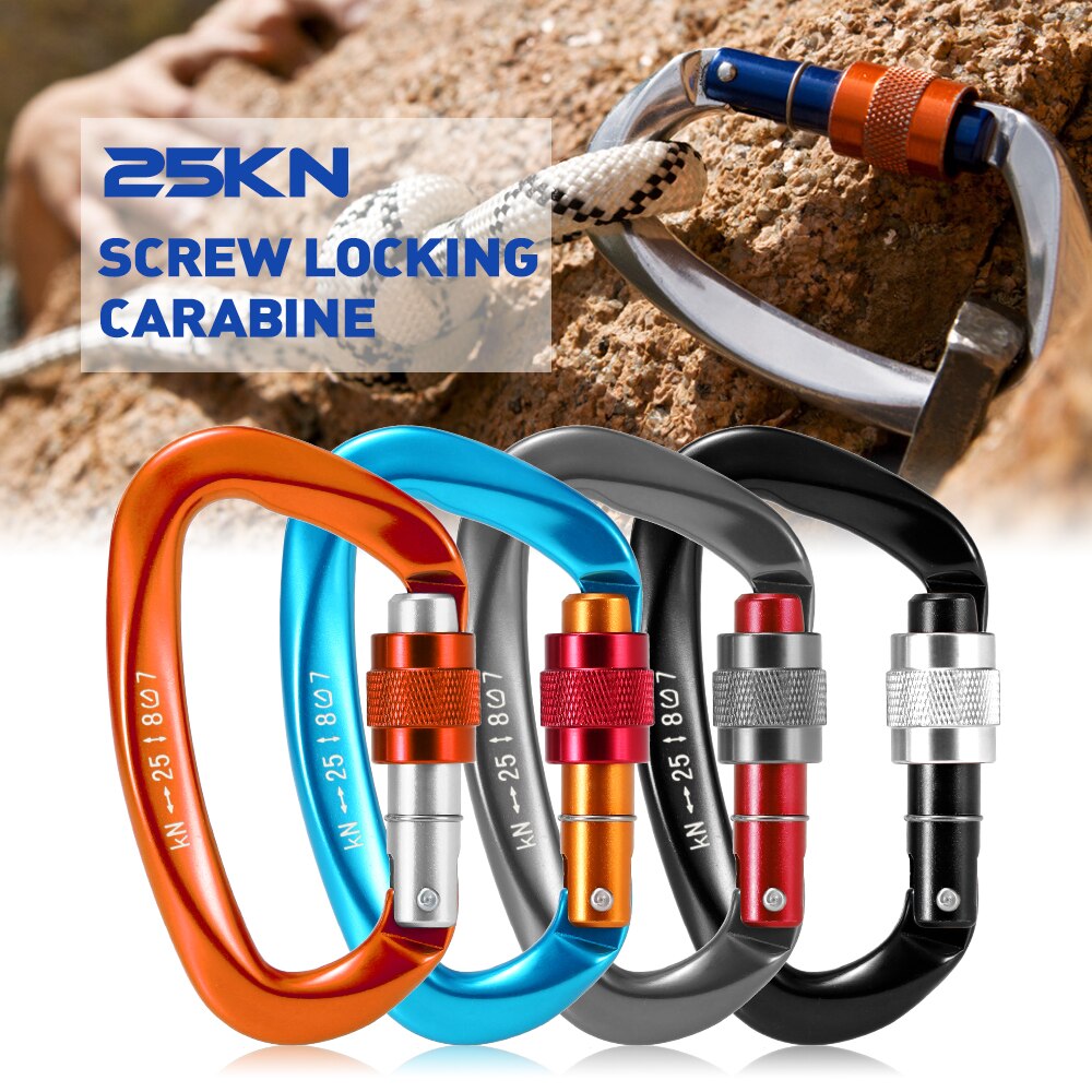 25KN Screw Locking Gate Carabiner Heavy Duty D-shape Buckle Pack D-ring Carabiner Climbing Rappelling Hammock Locking Clip