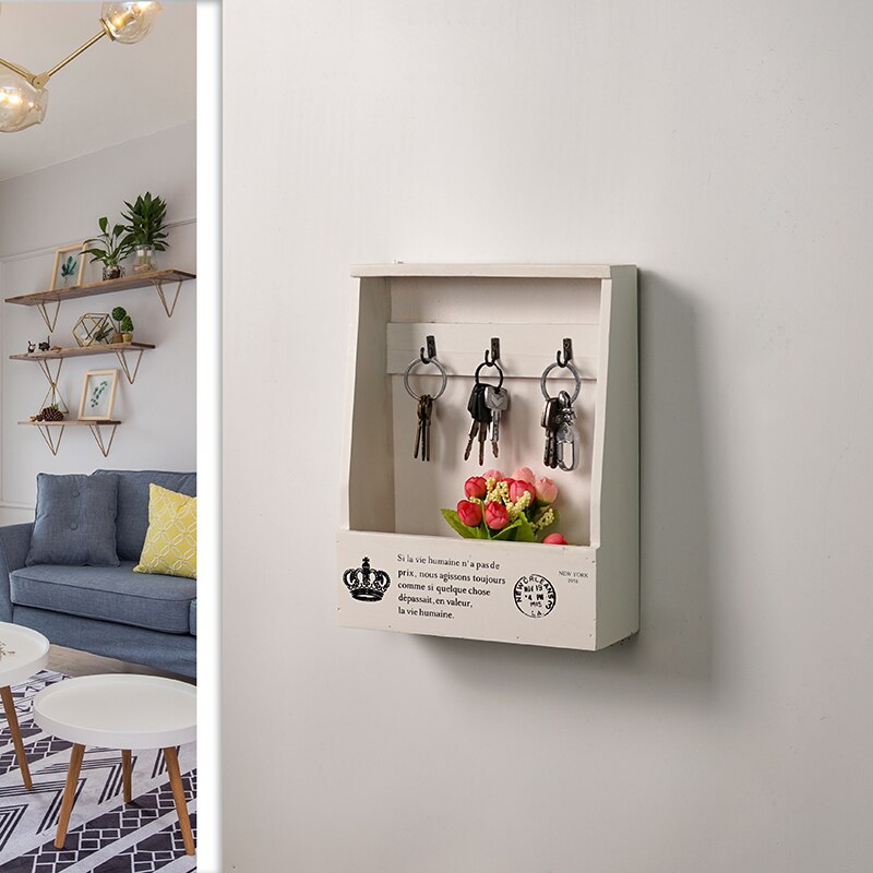 Wooden Key Holder Box with 6 Hooks Wall Mounted Handmade with Rustic Finish for Home Decor WJ021711: B-white