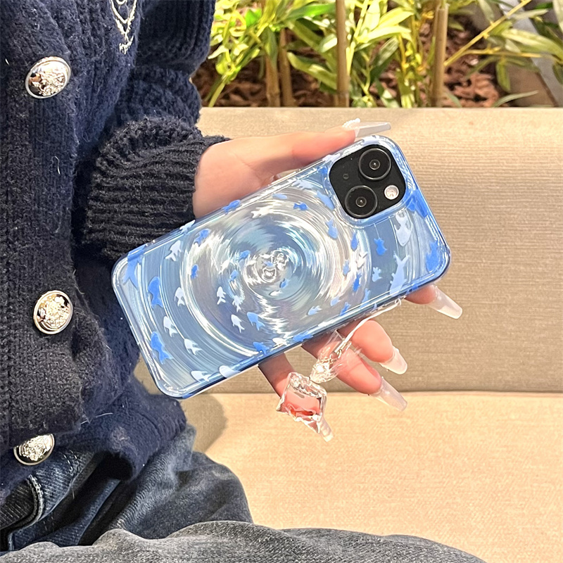 Bonita funda de teléfono para Apple iPhone 16 Pro 14 15 13 Pro Max, funda trasera con colgante de silicona Kawaii Ripple Vortex Fish, fundas 15Pro