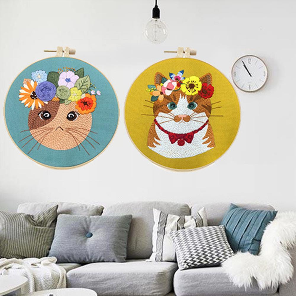 Kit de bordado a mano para principiantes, fácil punto de cruz con patrón de animales, gato, DIY, incluye hilo de Aro y herramienta de aguja