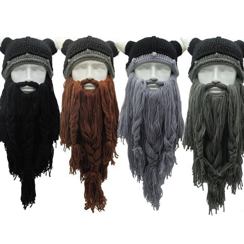 Kerst Grappige Mannen Viking Gebreide Pruik Lange Baard Hoorn Hoed Vagabond Barbarian Crazy Ski Cap Beanie Halloween