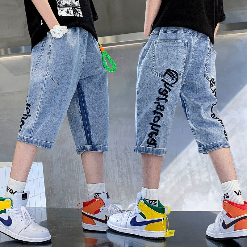 Sommer Kurze Jeans Jungen Jeans Kinder Denim Kurzen Hosen Casual Brief Drucken Teenager Dünne Hosen Jungen Hosen Für 4 zu 14 Y