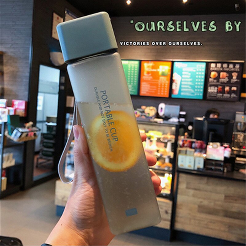 Cute Square Plastic Water Bottles BPA Free Transparent Frosted Outdoor Portable Camping Hiking Tour Drinking Bottle Water: Frosted Gray