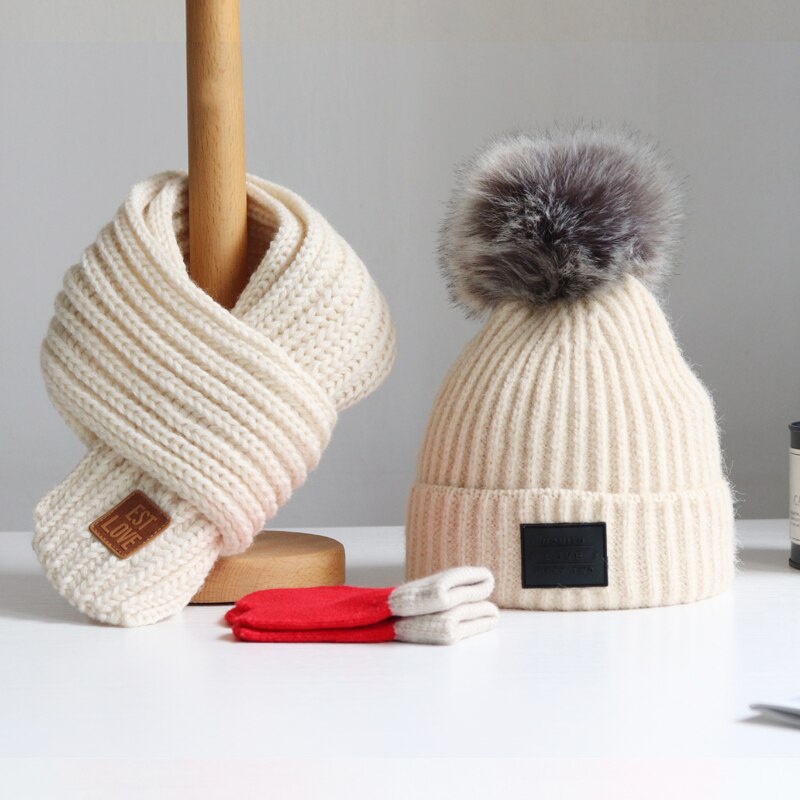 Baby lue høst vinter barn lue skjerf gutter og jenter hodehette skjerf baby ull lue trend hanske 3- deler dresser
