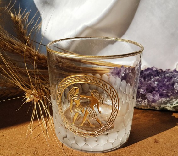 Pasabahce Water Decorative Shaped Gold Plated Side Whiskey Glass Gemini Sign Engraved