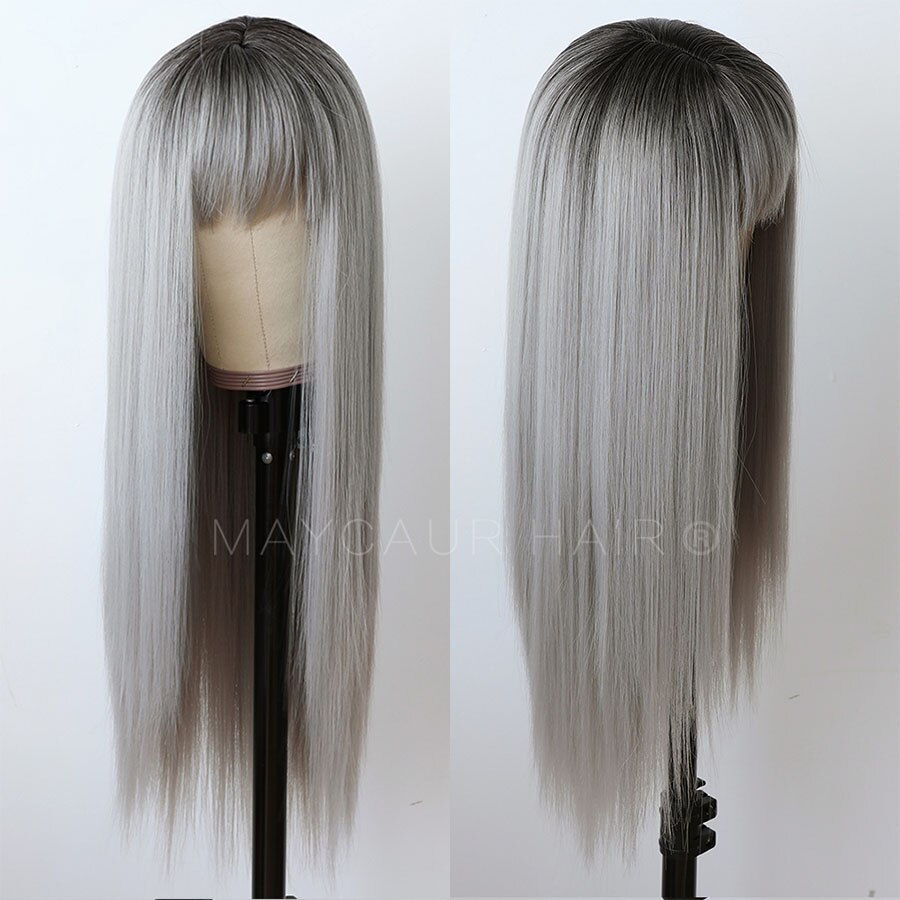 Maycaur Ombre Grey Long Straight Wigs for Women Black Gray Synthetic Hair Wigs with Bangs