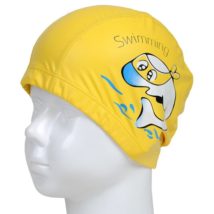 PowerPai Swimming Cap Children Waterproof PU for boys girls Comfortable Dolphine Cat Cartoon Swimming Pool Training Bathing Hood: Yellow