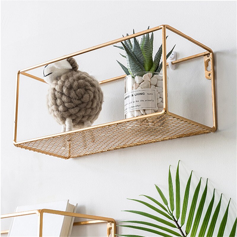 Estantes de hierro dorado para pared, manualidades de decoración de escritorio creativas de Metal, soportes de almacenamiento, organización de estantería flotante colgante para el hogar