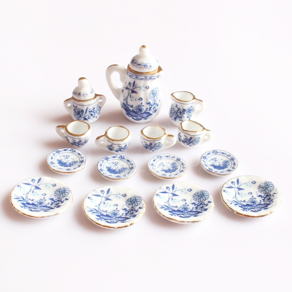 15pcs Dolls House Miniature China Ceramic Porcelain Coffee Tea Set 1/12 Scale