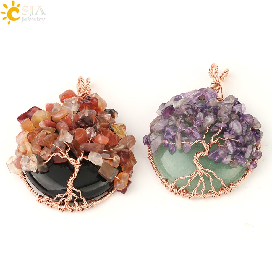 CSJA Natural Cabochon Stone Tree of Life Pendant Rose Gold Color Wire Wrap Chip Bead Wisdom Tree Healing Women Men Necklace G193