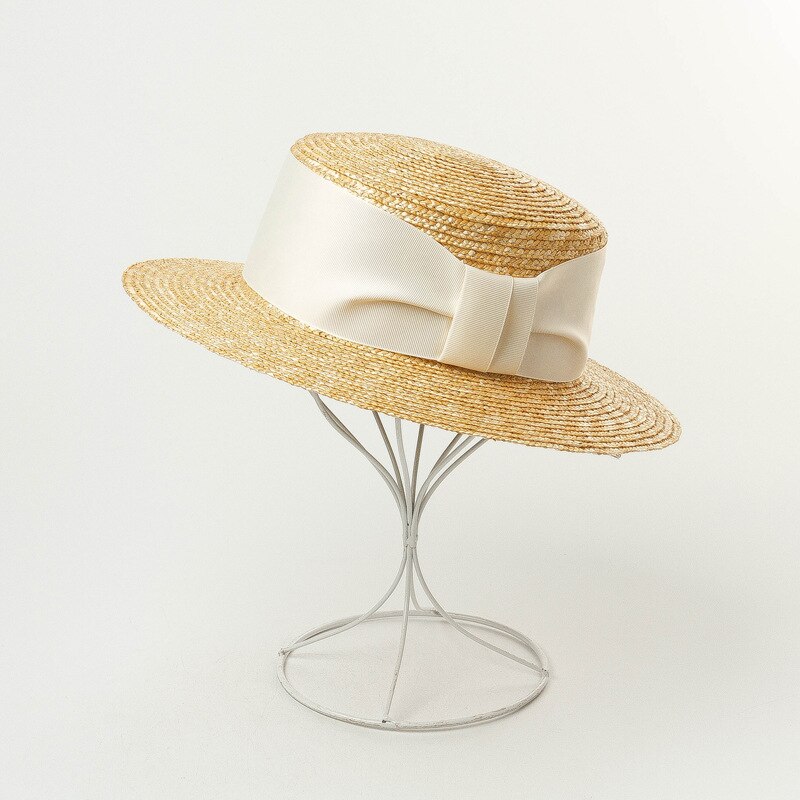 100% Wheat Straw Timeless Grosgrain Ribbon Decorated Canotier Boater Flat Top Sun Hat