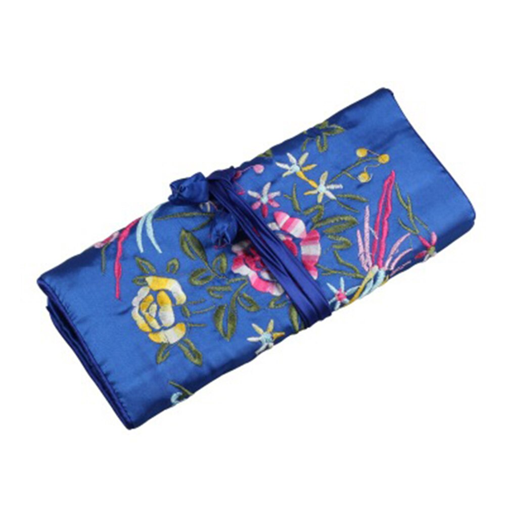 Portable Ladies Travel Jewelry Roll Bag Embroidery Jewelry Packaging Bag Women's Jewelry Organizer Case Pouch: sapphire blue