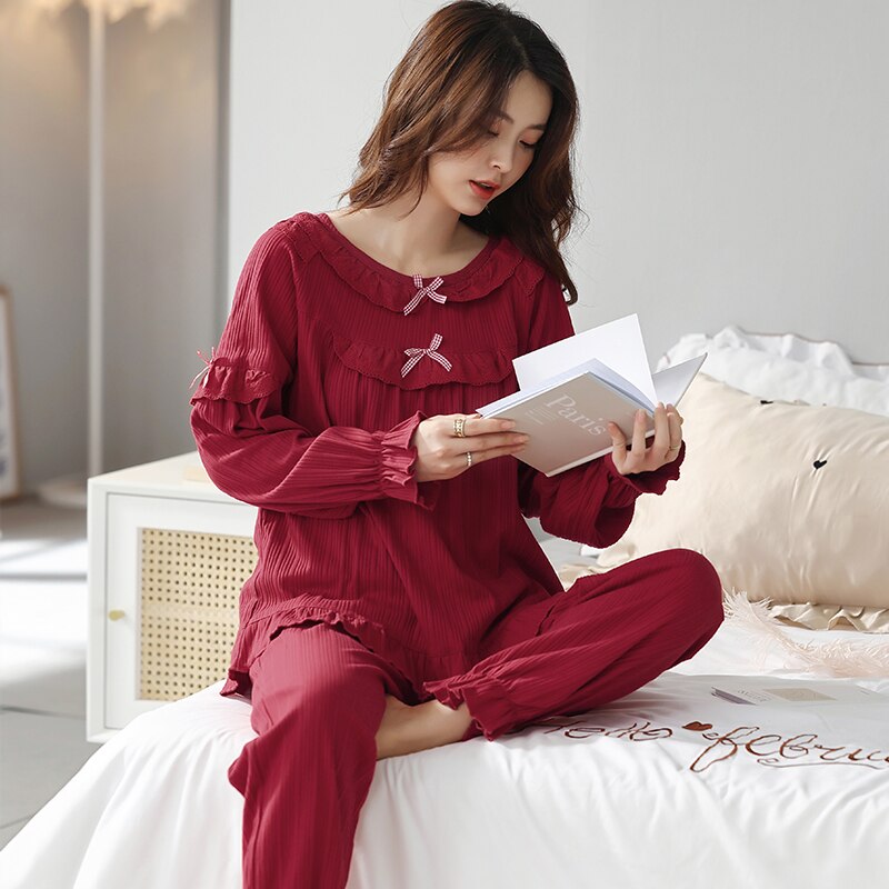 Women O-Neck Lace Pajamas Wedding Festive Red Pajama Sets Sleepwear Long Sleeve Top+Long Pants Pajamas Home Clothing Pyjamas 3XL