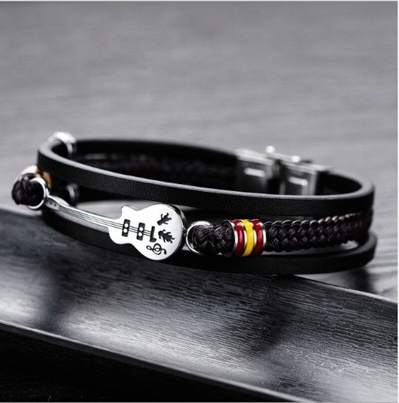 Punk couro guitarra pulseira multi-camada trançado pulseiras para jóias masculinas