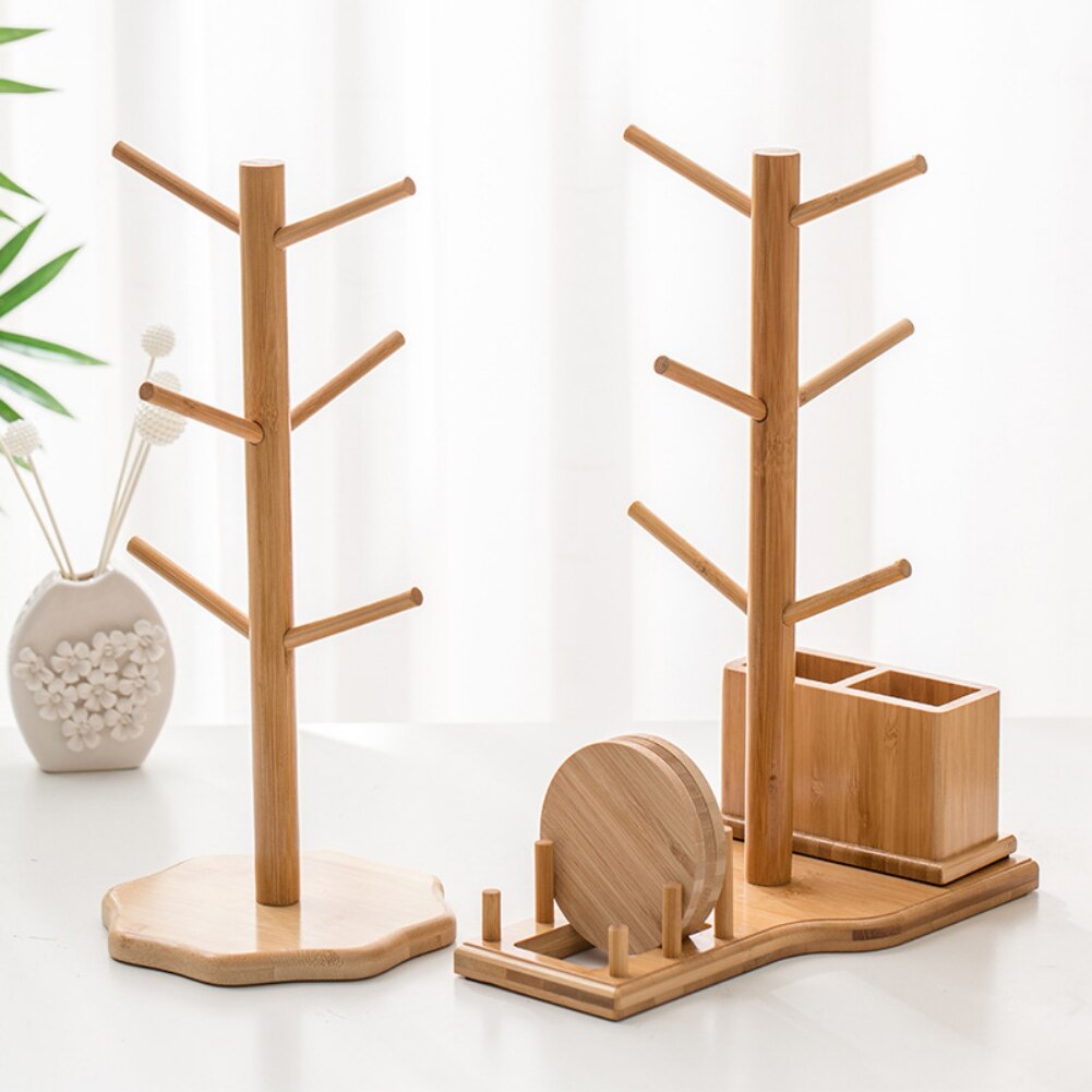 Support de tasse à café en bambou, support de tasse en bois d&#39;arbre, support de tasse à café, support de séchage avec 6 crochets, support de dessous de verre