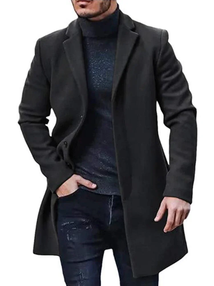 Men's Spring Autumn Mid length Cotton Coat Wool Blended Solid Color Casual Business Slim Fit Windproof Jacket
