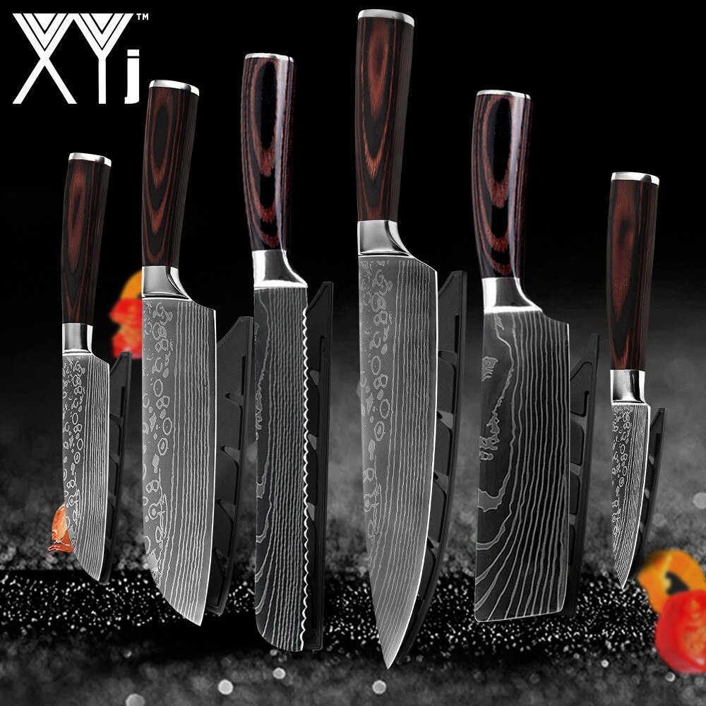 Kitchen Knives Set Stainless Steel 7CR17 Japanese Chef Knife Bread Meat Cleaver Paring Boning Kitchen Knife Covers Accessories: 6 Pcs  Value set