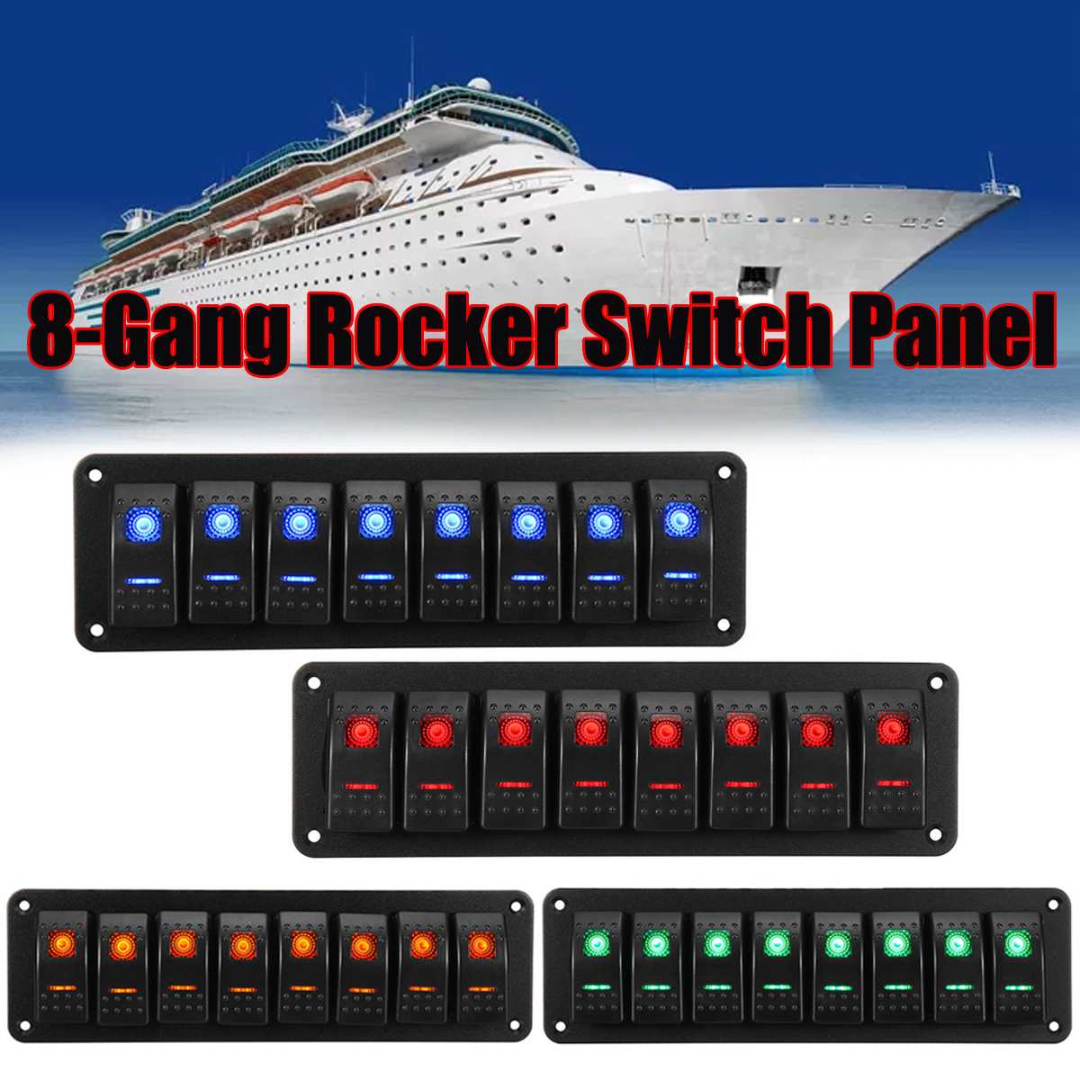 Waterproof 8 Gang Rocker Switch Panel Kit 12V 24V Circuit Breaker Green/Blue/Red/Orange LED Marine Boat Rocker Switch Panel