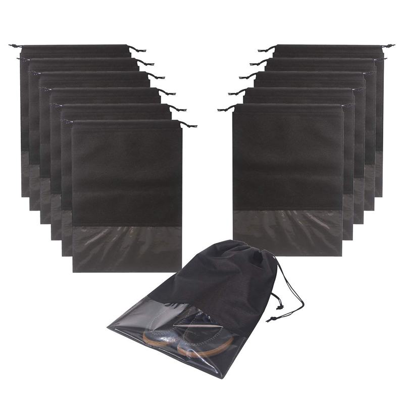 12PCS Reizen Schoen Zakken Waterdichte Non-woven storage Met Touw Voor Mannen en Vrouwen schoenen pouch Verpakking Organisatoren, x-Grote, Zwart