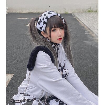 Japanese Harajuku Preppy Style Cow Pattern Girls Bow Lace Cake Skirts High Waist Sweet Mini Kawaii Cool Girl Skirts: Hair Band / L