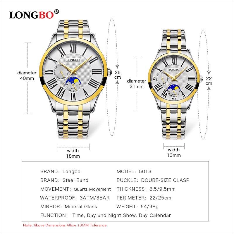 Longbo Quarzuhr Liebhaber Uhren Frauen Männer Paar Analog Voller Edelstahl Geschäft Armbanduhren lässig Gold 1/stücke
