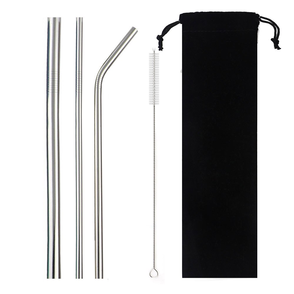 5-Pcs Metal Reusable Straw Colorful Pink Eco-Friendly Drinking Straws Set 304 Stainless Steel Straw Set with Brush Pouch Bag: Silver