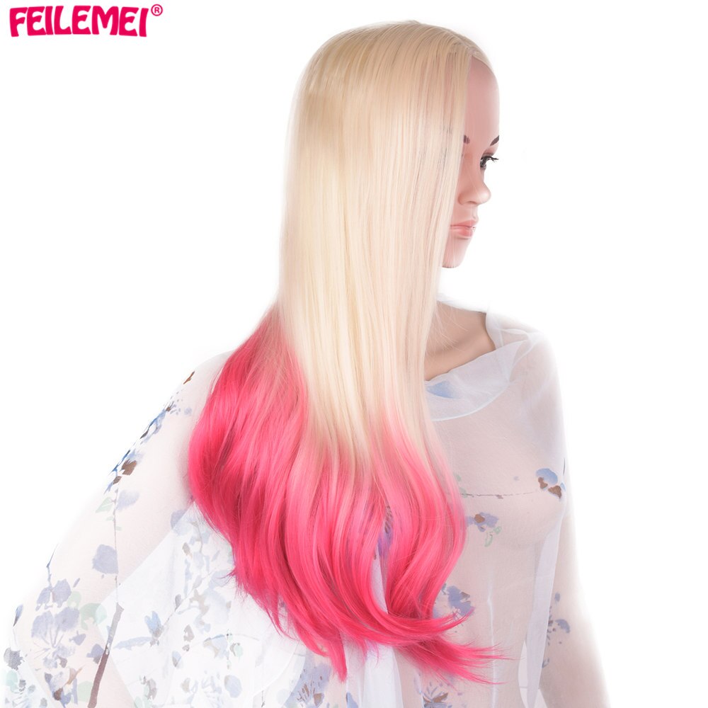 Feilimei Ombre Blonde Roze Pruik Synthetische Japanse Vezel Lange Golvend Haar Extensions 60Cm 300G Grijs Paars Gekleurde Cosplay pruiken