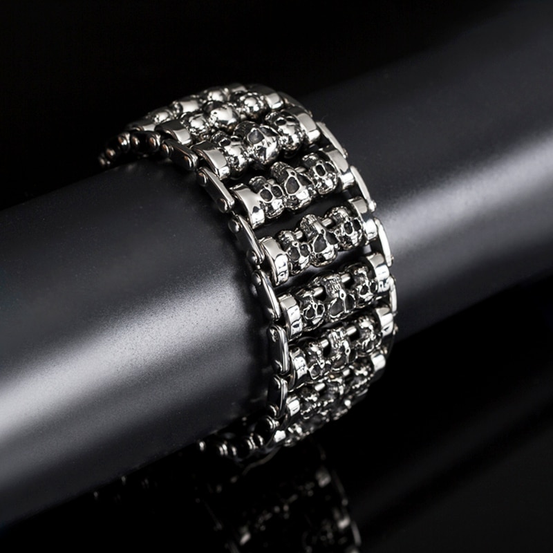 Men's Polished Stainless Steel Skull Head Chain Bracelet – Punk Biker Rocker Style