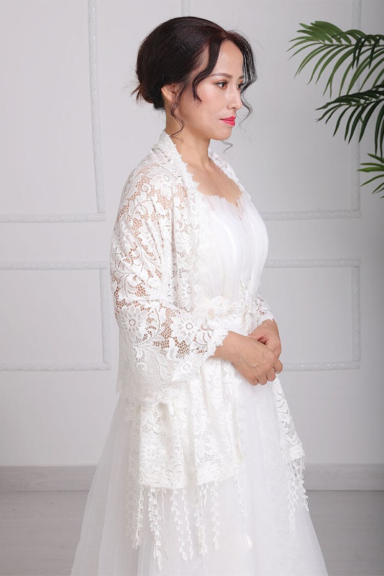 Bruiloft Accessoires Bolero Wit Bruids Mantel Vrouwen Wrap Kwasten Dunne Kant Cape Gril Jurk Avond Jassen Wedding Wrap Shawl