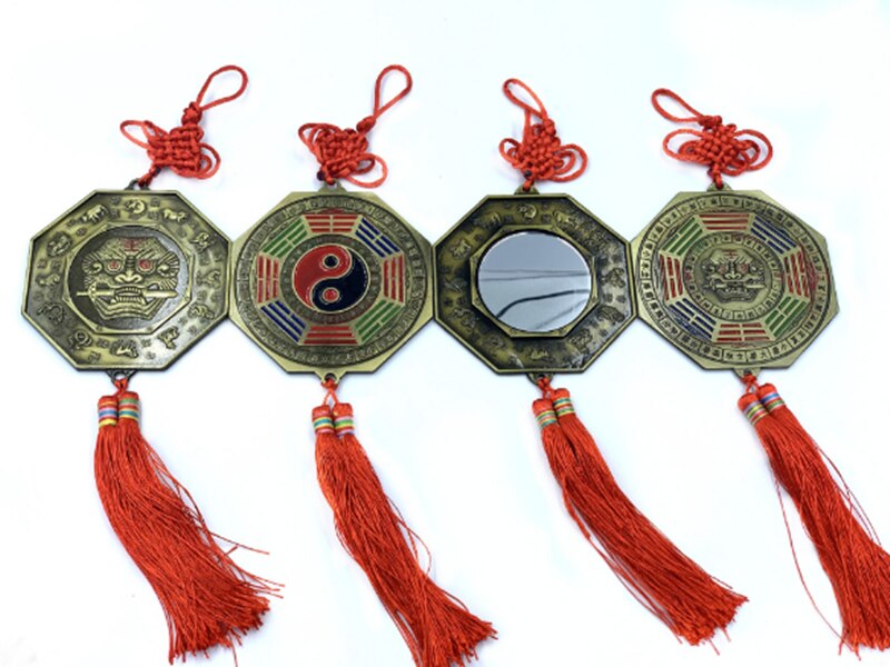 Miroir Feng Shui Foo chien mordant une épée baguette avec pompon à nœud chinois pour le bureau, Protection de la famille
