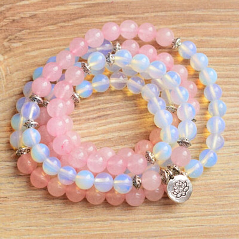 108 Spiritual Stones Natural Ge-mstone Mala Fertility Opalite RoseQuartz Bracelet Womens Wrap OM bracelet lotus mala