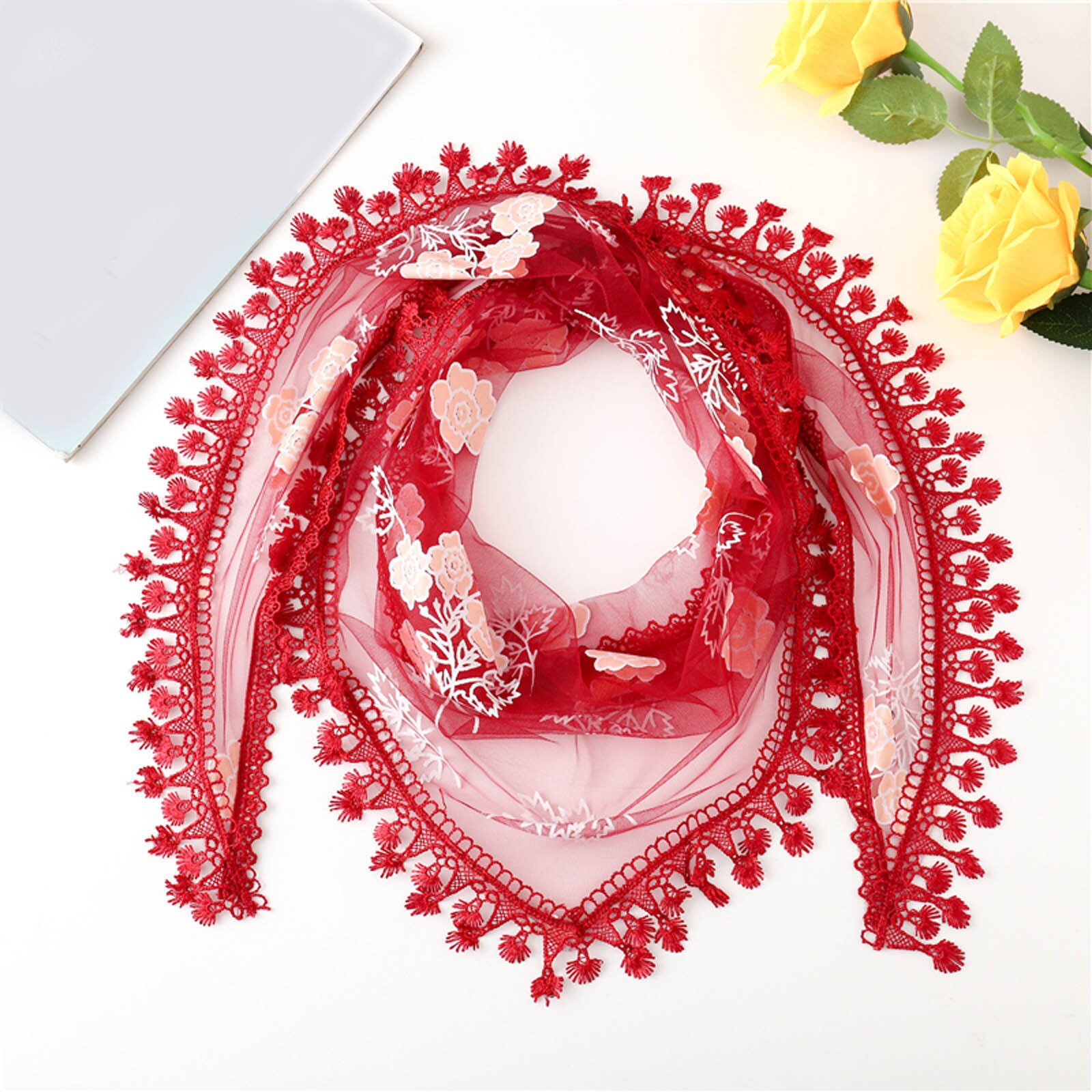 Bufanda multifuncional con borlas de encaje para mujer, chal de flores, pashmina suave, estola de playa de Echarpe,: WE