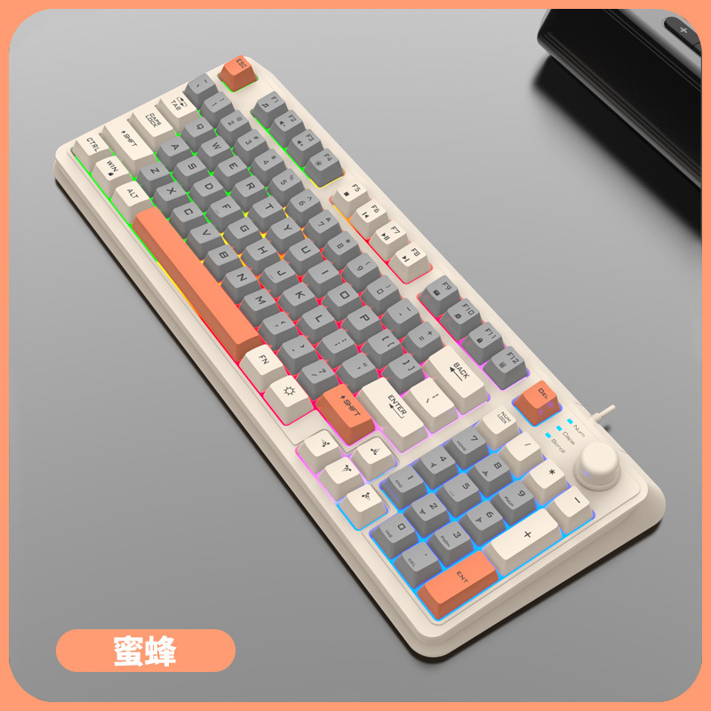 Teclado español con Ñ 94 teclas 90% Teclado árabe español con la Ñ ruso coreano USB con cable RGB Perilla de volumen de luz Ergonomía Oficina de juegos K82: Olive / Interruptor amarillo