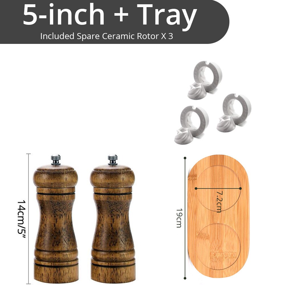 Trä salt och peppar kvarn set med kvarn bricka för havssalt & pepparkorn  (5,8,10 tum) stark justerbar kvarn: 5 tum  x 2 w bricka