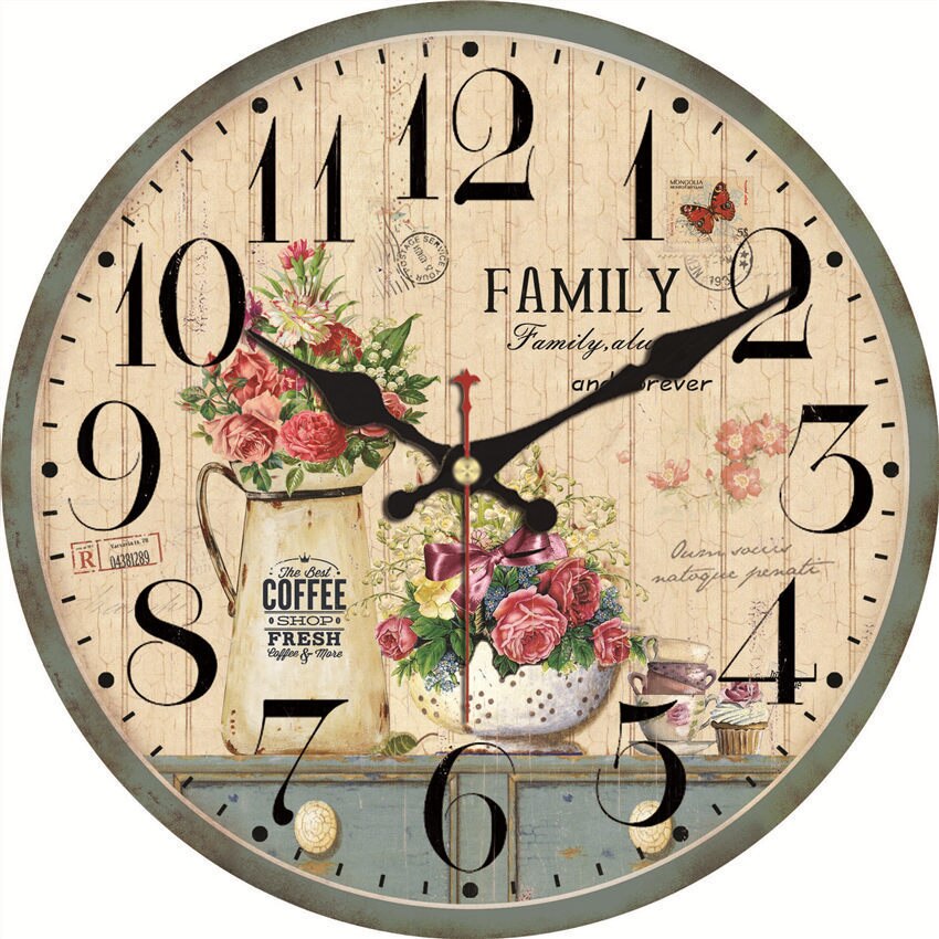 Grote Wandklok Ronde Vintage Wandklok Franse Land Toscaans Decoratieve Non-Tikkende Retro Bloem Roos Stille Stille Klok