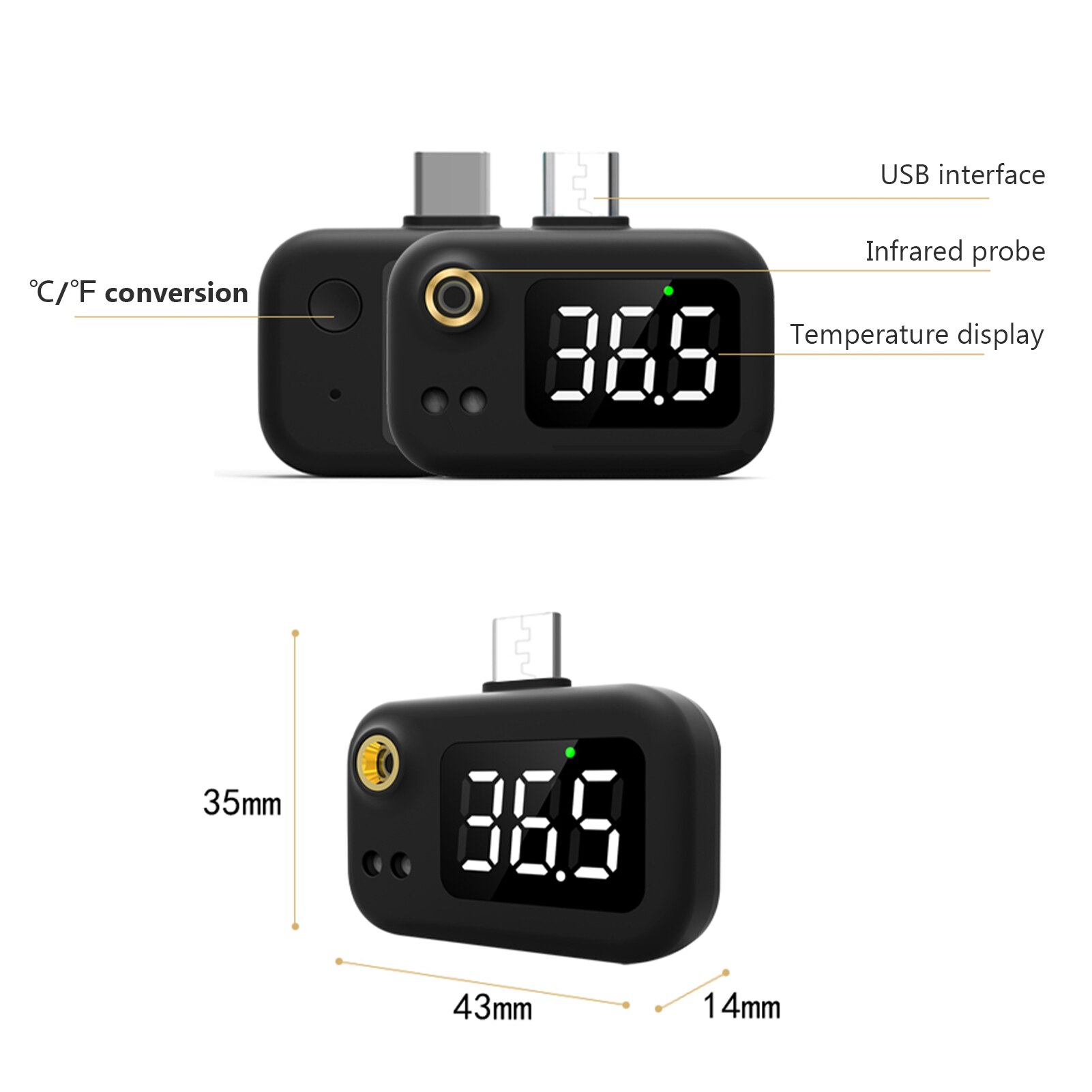 USB Smart Thermometer USB Intelligent Thermometer Non-contact Type Infrared USB Thermometer with Type-C Joint ℃/℉ Conversion