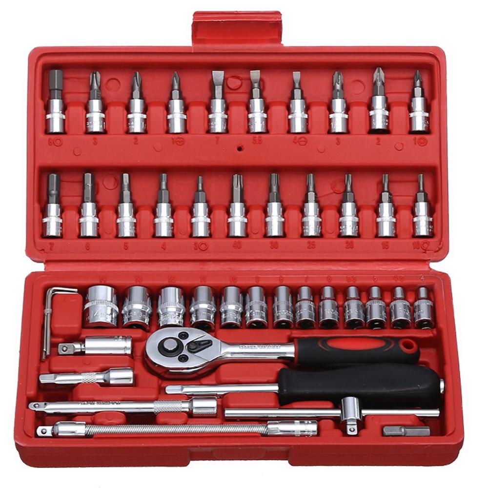 46pcs Socket Ratchet Car Repair Tool Wrench Set Head Ratchet Pawl Socket Spanner Screwdriver Metalworking Tool Kit: Red