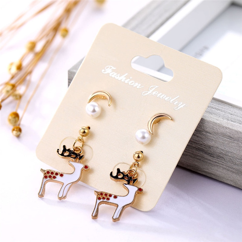 Gold Geometric Moon Heart Stud Earrings Set Christmas Earrings Imitation Pearl Rhinestone Earrings for Women Girls