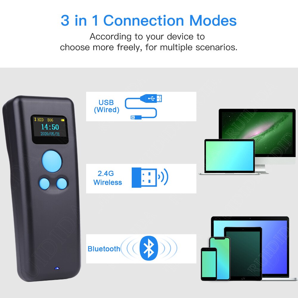 Portable 1D 2D Barcode Scanner Handheld Mini Bluetooth Scanner 2.4G Wireless with Display for Expressman Mobile Phone QR PDF417