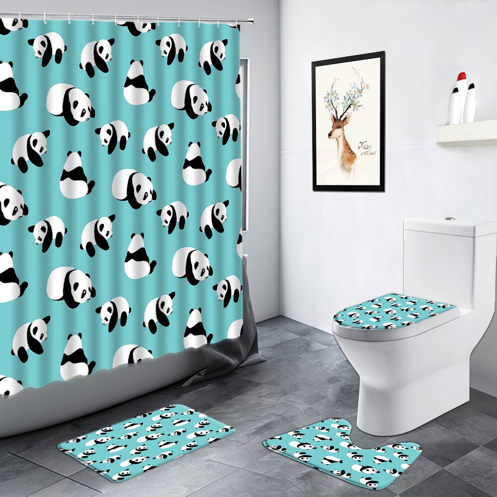 Juego de cortinas de ducha de Panda, alfombra antideslizante de estilo chino de bambú, Animal verde, negro, blanco, divertido: 1521X-4pcs Set