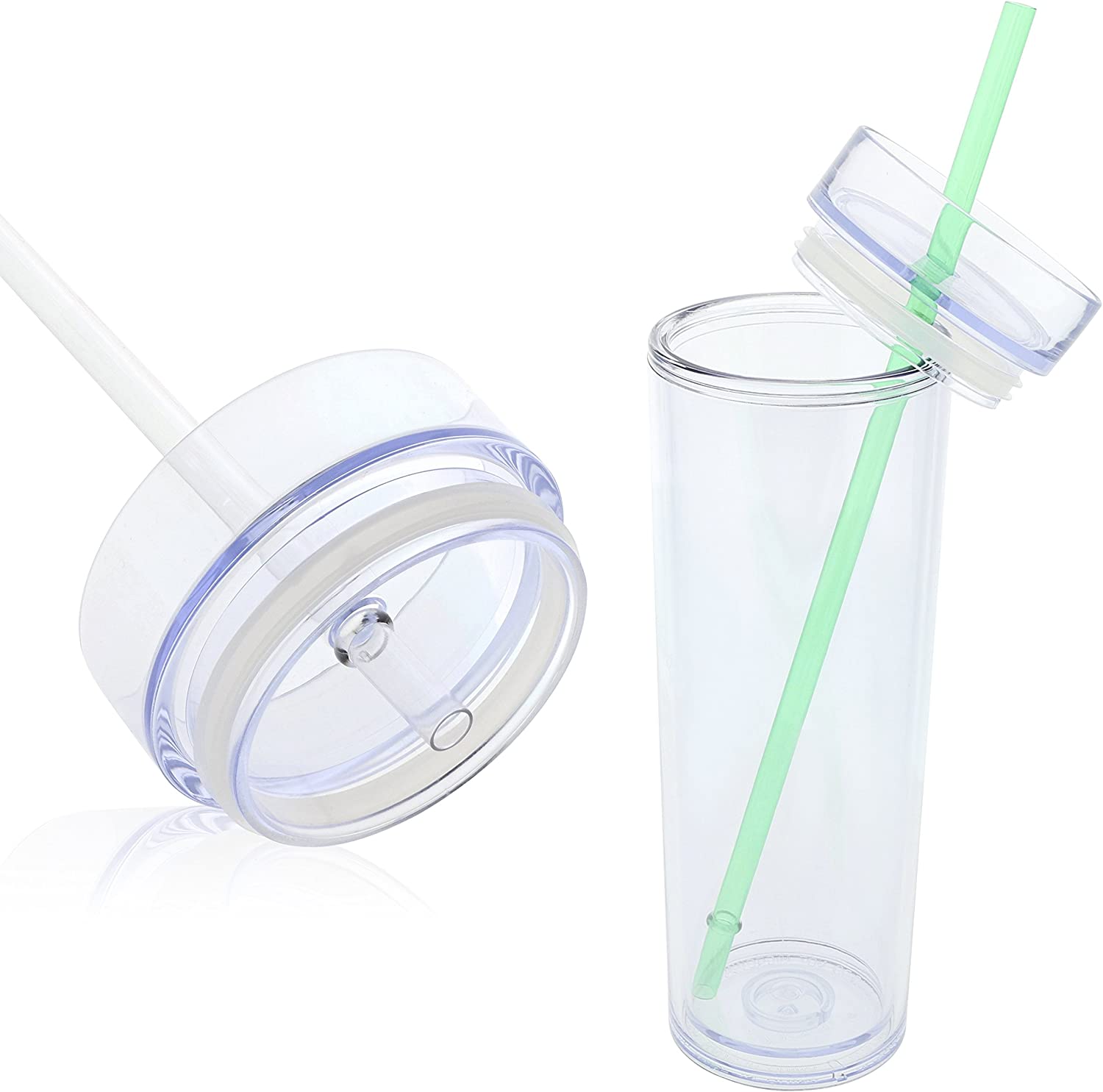 2Pack Skinny Acrylic Tumblers With Lid And Straw, 16oz Double Wall Clear Plastic Tumblers ,Clear Reusable Acrylic Cup With Straw